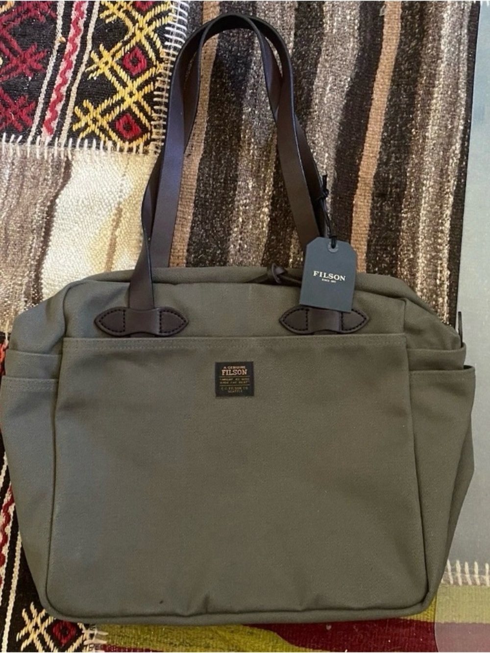 Filson Olive Green Tote with Brown Leather Straps